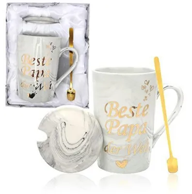 Produktbild von Kaffeetasse Keramik 400ml "Bester Papa" mit Deckel & Löffel Geschenkset