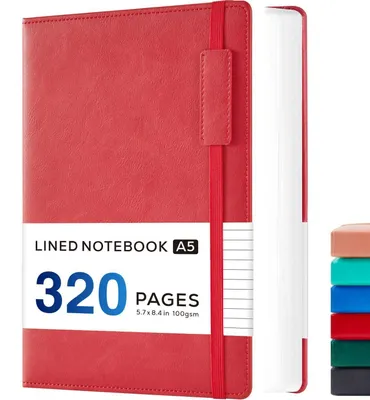 Zdjęcie produktu dla Notatnik A5, twarda okładka, 320 stron, linia, papier 100 g/m², czerwony uchwyt na długopis, format 14 x 21 cm