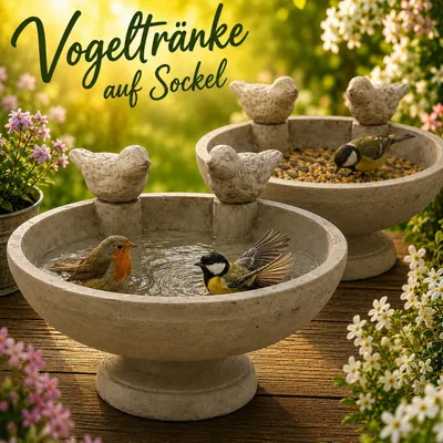 Produktbild von Vogeltränke mit 2 Vögeln auf Sockel Vogel Bad Tränke Garten Terrasse Balkon Futterstelle Bienen Zement rund Ø26cm