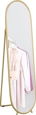 Zdjęcie produktu dla Lustro HOMCOM o pełnej długości, 160 x 40 cm, lustro ścienne ze stojakiem, metalowa rama, owalne lustro stojące do salonu, sypialni, złote