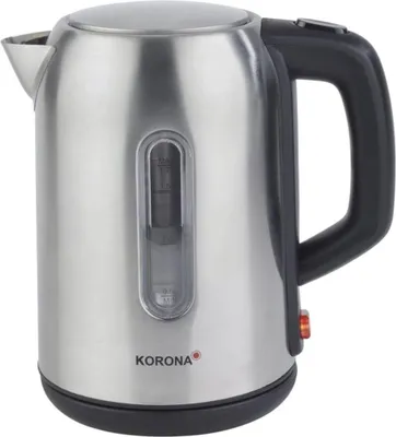 A stainless steel electric kettle with a black handle and a red power switch.