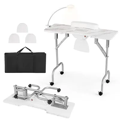 Produktbild von Nageltisch mit Absaugung & LED Lampe, Mobiler Maniküretisch mit 4 Rädern, faltbar Maniküre Tisch mit Tragetasche, Nagelstudio Tisch für Zuhause, Nagelstudios, Schönheitssalons, Weiß