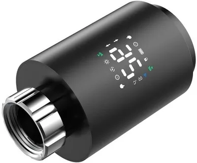 Obrázek produktu pro Chytrý termostat pro radiátory – programovatelná ventilová hlavice – úspora energie – ovládání přes aplikaci – rozsah teplot 5–45 °C – černá barva