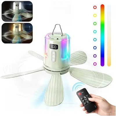 Produktbild von Ø40cm Tragbarer Zeltventilator mit Licht, Hängeventilator klein mit 10800mAh,Aufladbarer Deckenventilator 4 Stufen & Fernbedienung,Bohrfrei montierbar