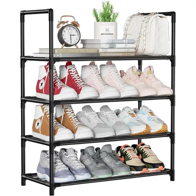 Produktbild von Freistehendes Schuhregal aus Metallrohr, Schuhregal, Aufbewahrungsregal für Zuhause für den Eingangsbereich, Flur, Schrank (Schwarz, 4 Ebenen)