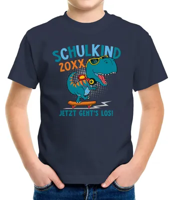 Produktbild von Kinder Jungen T-Shirt Einschulung Schulkind 2024 Jahreszahl personalisierbar Dino Dinosaurier Schulanfang Moonworks® navy 122-128 (7-8 Jahre)