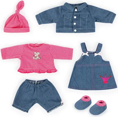 Produktbild von Bayer Design 84618AA Kleider-Set für Puppen 42-46cm, 6 Teile, Kleid, Hose, Shirt, Jeans, Babypuppen Anziehsachen, rosa