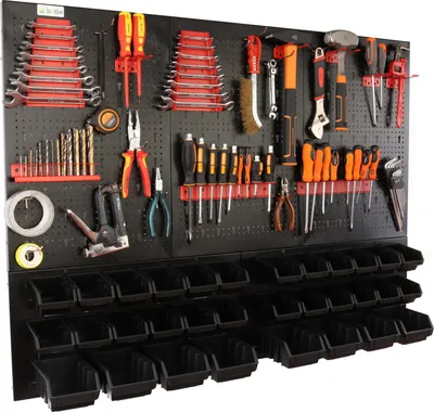 Produktbild von botle® Werkzeugwand Lochwand aus Metall, Stapelboxen + Wandregal + Werkzeughalter 59-tlg Set, Kleinteilelager,  Wandwerkstatt mit 32 stapelbaren Schwarz Behältern, Hängeregal Sortierregal
