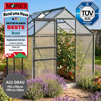 Produktbild von BRAST Gewächshaus Aluminium mit Fundament | 190x190x195cm | 6mm Hohlkammerplatten | rostfrei wetterfest temperaturbeständig | Grau