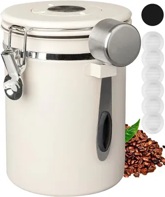 Produktbild von Kaffeedose mit luftdichtem Deckel, 1800 ml, mit Datumsanzeige und Löffel, zur Aufbewahrung von Kaffeesatz, Kaffeebohnen, Mehl, Getreide (weiß)