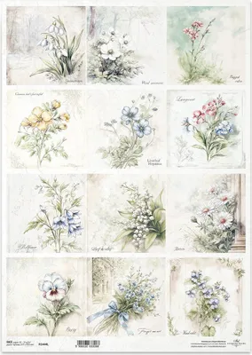 Immagine prodotto di Carta di riso per decoupage Carta per decoupage A3 ITD R1444L Fiori, bucaneve, mughetto, margherite, viole, nontiscordardime, violette