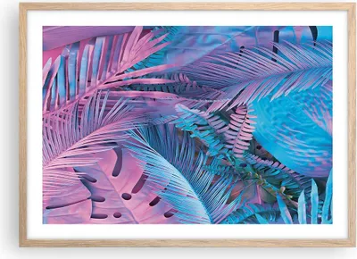 Produktbild von Gerahmtes Poster - Rahmen in heller Eiche - Blätter Rosa Blau - 70x50 cm - Wand Bild - Wanddeko - Wandbilder - Kunstposter - Wandposter - Bilderrahmen - Bilder - Kunstdruck - P2NAA70x50-4401