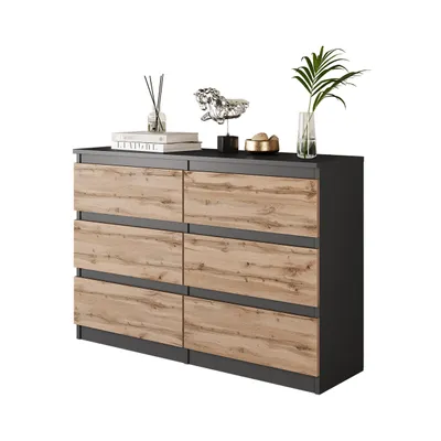 Produktbild von Kommode / Sideboard mit 6 Schubladen - Anthrazit Grau / Wotan Eiche H71cm B100cm T33cm