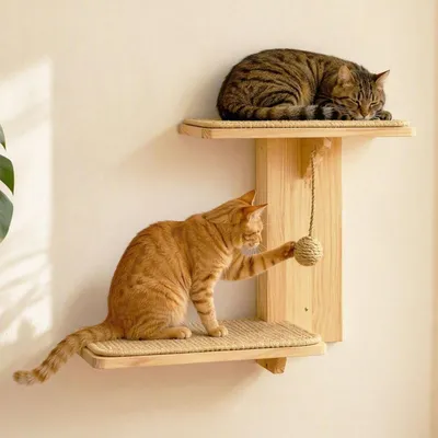 Image de Mur d'escalade pour chat en bois, avec une balle en sisal et 2 plateformes