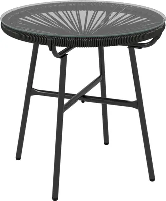 Obrázok produktu pre Záhradný stolík v štýle boho, vonkajší odkladací stolík, PE ratan, tvrdené sklo, odolný voči poveternostným vplyvom, 50 cm x 50 cm x 50 cm, čierny