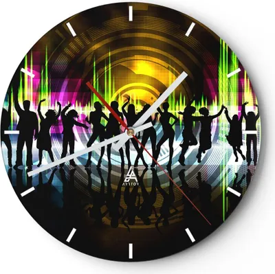 Produktbild von Wanduhr - Rund - Glasuhr - Disco Musik Tanz Spaß - 30x30cm - Schleichendes Uhrwerk - Lautlos - zum Aufhängen bereit - Dekoration Modern - Wanddekoration aus Glas - C3AR30x30-2580