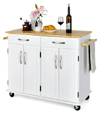 Produktbild von Küchenwagen, Kücheninsel auf Rollen, Servierwagen mit Arbeitsplatte aus Gummibaumholz, 2 Schubladen, 2 Handtuchhaltern, 2 Schränken und verstellbaren Regalen für Küche und Esszimmer (Weiß)
