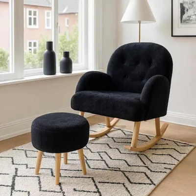 Image de Hanah Home, ensemble de fauteuil à oreilles et de pouf de haute qualité (2 pièces) - Noir, 100% mélaminé