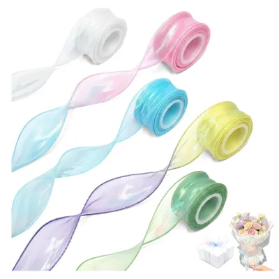 Organza-Lint 6 Rollen, 4 cm x 9 m, glitzernd, transparent