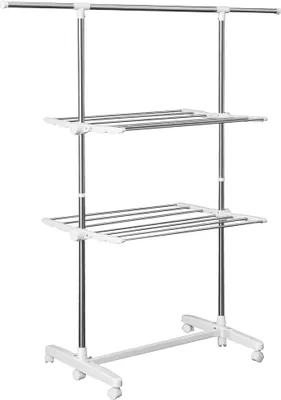 Produktbild von Turmwäscheständer ausziehbar Standtrockner mit 3 Ebenen, klappbare Flügel, Rollen, Wäschetrockner für Innen und Außen, Weiß, 83-136,5 x 45,5 x 154 cm