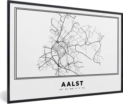 Produktbild von MuchoWow® Gerahmtes Poster Karte - Aalst - Schwarz und weiß - Belgien - Stadtplan - Karte 60x40 cm - Poster mit Schwarzem Bilderrahmen Wandposter Rahmen Foto Bilder - Printing - Wanddeko Schlafzimmer