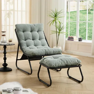 Produktbild von Outdoor Lounge Sessel mit Hocker, gepolstert, Stahlgestell, Garten Relaxstuhl, Gemütlicher Sling-Liegesessel mit dickem Polsterkissen, Hellgrün