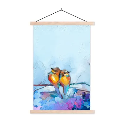 Produktbild von MuchoWow® Textilposter Gemälde - Ölfarbe - Vogel - Zweig 40x60 cm mit holzfarbenen Rahmen - Poster
