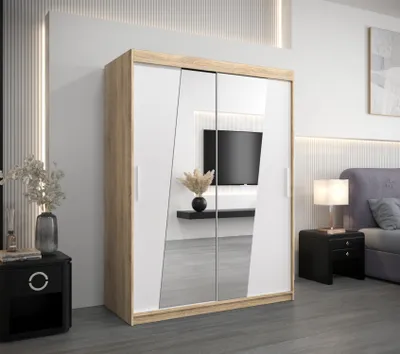 Produktbild von Kleiderschrank mit Spiegeln ELVIRA – Breite 150 cm, Eiche sonoma / weiß