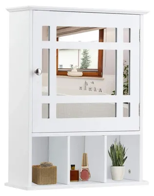 Image de Armoire murale pour salle de bain - Armoire miroir avec porte - Étagère réglable, 3 compartiments ouverts - Bois - Blanc
