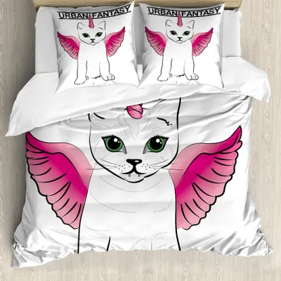 Produktbild von ABAKUHAUS Einhorn-Katze Bettbezug, Städtische Fantasie-Kunst, Milbensicher Allergiker geeignet mit Kissenbezügen, 155 cm x 220 cm - 80 x 80 cm, Pink Schwarz
