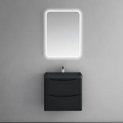 Image de doporro Meuble de Salle de Bain Suspendus Noir Mat 60x42x50cm Ensemble de 3 Pièces Meuble avec Lavabo et Miroir Design Smile-Lackier