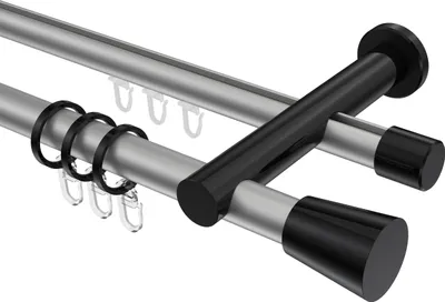 Produktbild von Interdeco Rundrohr-Innenlaufstange / Gardinenstange (Kombination) Silbergrau / Schwarz, Typ Platon Sitra (Konus), 20 mm Ø 2-läufig, 280 cm