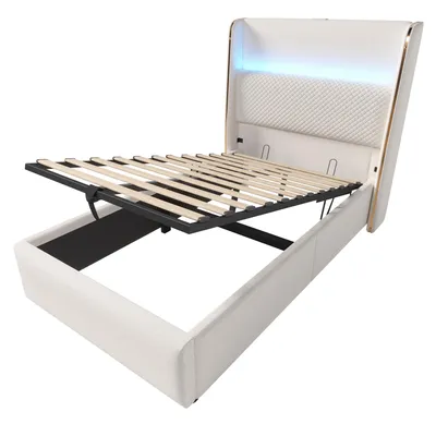 Produktbild von Flieks Hydraulisches Polsterbett 90x200cm mit USB/Type-C-Anschlüssen, Stauraumbett Einzelbett Jugendbett mit Led, Leinen, Beige