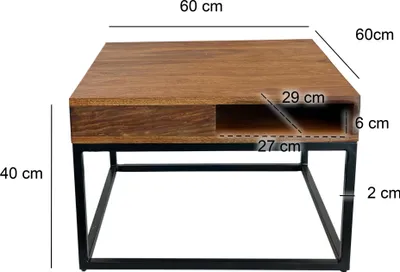 A square coffee table with a wooden top and a black metal frame, shown from a diagonal angle with dimensions indicated.