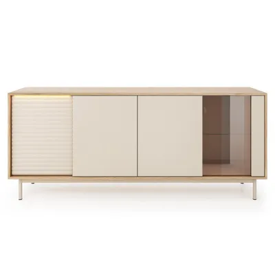 Image de BEAUTYSOFA | Commode TERRA 184 cm Buffet à 4 portes avec éclairage LED, cachemire/chêne, style moderne et scandinave
