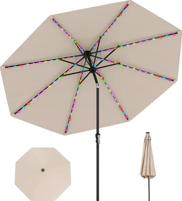 An open beige patio umbrella with colorful LED lights along its ribs, shown against a white background. Smaller images of the umbrella closed and folded are also present.