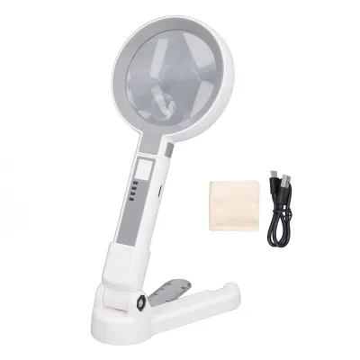 Image de Loupe grossissante 5x, 11x, 18 LEDs, rechargeable, 3 niveaux de luminosité, loupe à main avec échelle, support pliable
