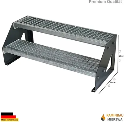 Produktbild von Gitterrost Stahl Wangentreppe 2 Stufen Freistehend Verzinkt & Anthrazit Pulverlackierte Wangen - (L x B x H) 44cm x 80cm x 38cm