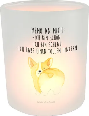 Produktbild von Mr. & Mrs. Panda Teelichthalter Glas Corgi Po - Transparent - Geschenk, Hund, Achtsamkeit, Sprüche, Deko, Positiv, Kerzenhalter, Kerzenglas, Corgie, Windlicht, Spruch