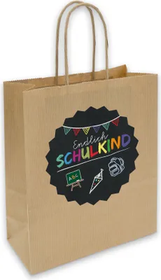 Produktbild von itenga Geschenktüte mit Kordel + Aufkleber Endlich Schulkind Tafel 12x12cm