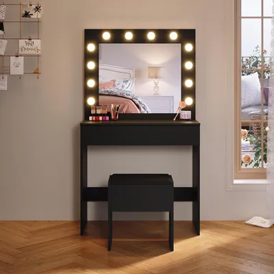Image de Table de maquillage avec tabouret - Coiffeuse avec miroir - Pour les soins de beauté - Éclairage réglable - 80x40x140 cm - Noir