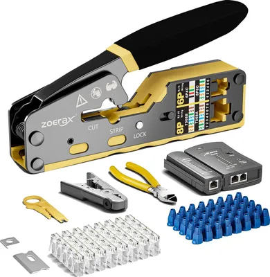 Immagine prodotto di Set di utensili per la crimpatura dei cavi, set di utensili multifunzione, spina RJ45 inclusa, KIT CAT6