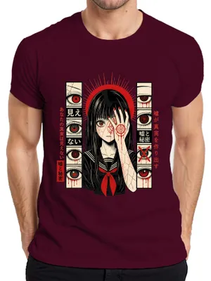 Zdjęcie produktu dla Koszulka męska z motywem anime, horror, manga, dziewczyna, Japonia, czerwone oczy, styl Y2K, dla fanów anime, kolor burgundowy, rozmiar S