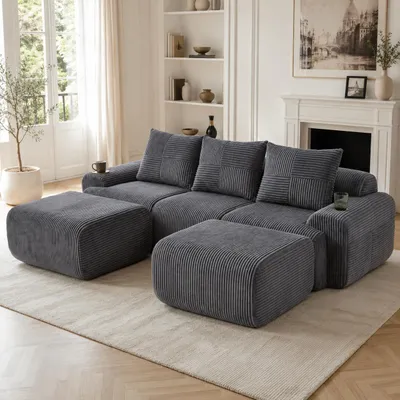 Produktbild von Modulares Cordsofa 3-Sitzer 2 Hocker Getränkehalter Seitentasche Dunkelgrau 268x174x80cm