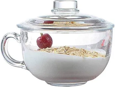 Image de Tasse à petit-déjeuner en verre résistante au micro-ondes, 550 ml, avec couvercle, en verre composite, adaptée au micro-ondes.
