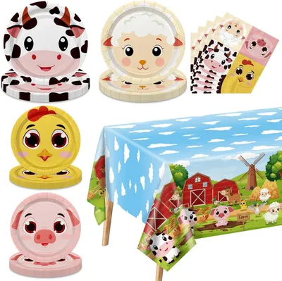 Imagen del producto de Juego de vajilla para fiestas con temática de granja, para 20 invitados, incluye platos, servilletas y mantel, ideal para fiestas infantiles