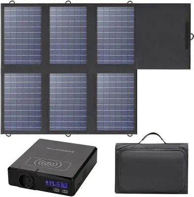 Image de Batterie externe solaire portable de 60 W - Panneau solaire pliable - Sortie USB-C - Pour la tente - Camping - Urgences - 41 600 mAh - 200 W - 100-240 V - 50/60 Hz - Noir