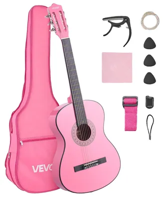 Immagine prodotto di VEVOR chitarra classica, 960 mm, set iniziale di chitarra classica in legno per principianti, con corde in nylon, borsa da concerto, tracolla, accordatore, corde aggiuntive, plettri, capotasto, legno basso, per principianti, rosa