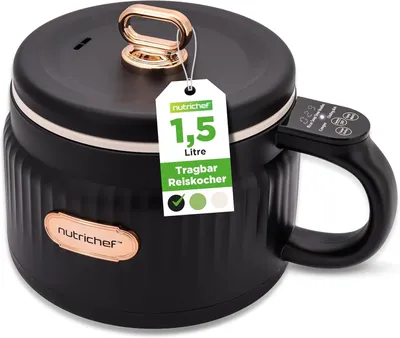 Zdjęcie produktu dla NutriChef 1,6 QT Przenośny elektryczny urządzenie do gotowania ryżu i przygotowywania lunchu, wielofunkcyjne i z nieprzywierającą powłoką ceramiczną – czarne