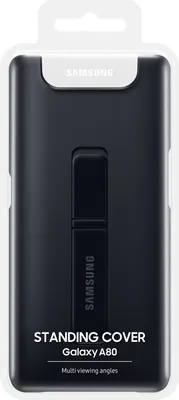 A product shot of a black Samsung standing cover for a Galaxy A80 phone, presented in its retail packaging.